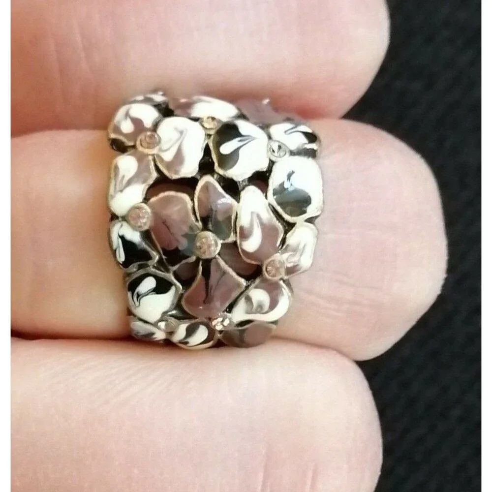 Vintage Enamel Floral Rhinestone Ring Size 7.5